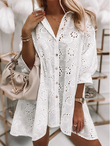 Airchics blouse robe courte broderie anglaise boutonnage manches au coude femme bohème chemisier